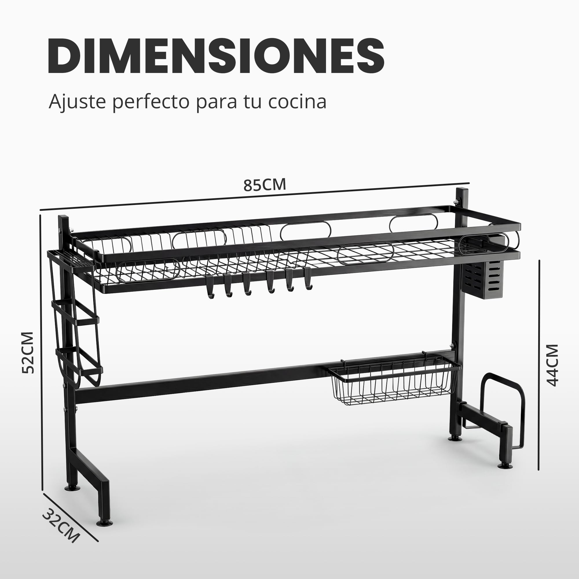 JUPPLIES Escurreplatos sobre Fregadero 2 Niveles 85x30x52,5cm – Escurridor de Platos de Acero Inoxidable con Soporte para Cubiertos, Tabla de Cortar y Ganchos – Escurre Platos Antideslizante Negro