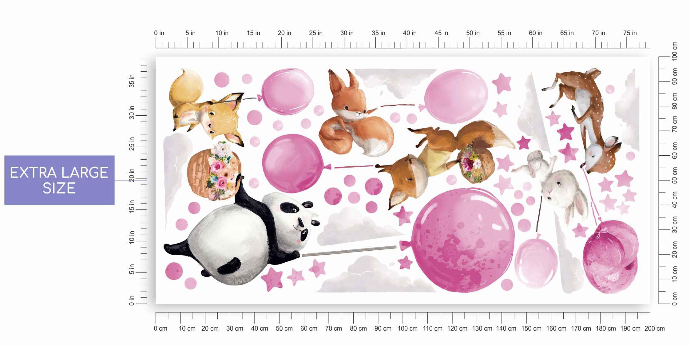 Duże naklejki na ścianę – zwierzęta na różowych balonach – panda, jeleń, lis, zając, dekoracja ścienna, do pokoju dziewczynki, chłopca, urodziny, baby shower, prezent XXL