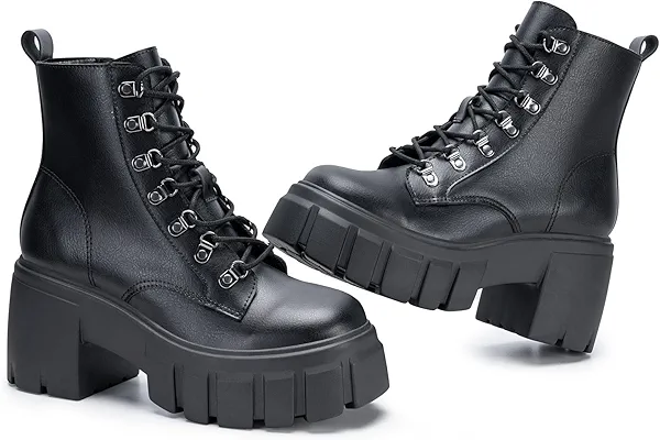 FITORY Women’s Combat Boots Lightweight Lace up Side Zipper Ankle Botas High Heel Chunky Platform Lug Sole Booties Size 6-11