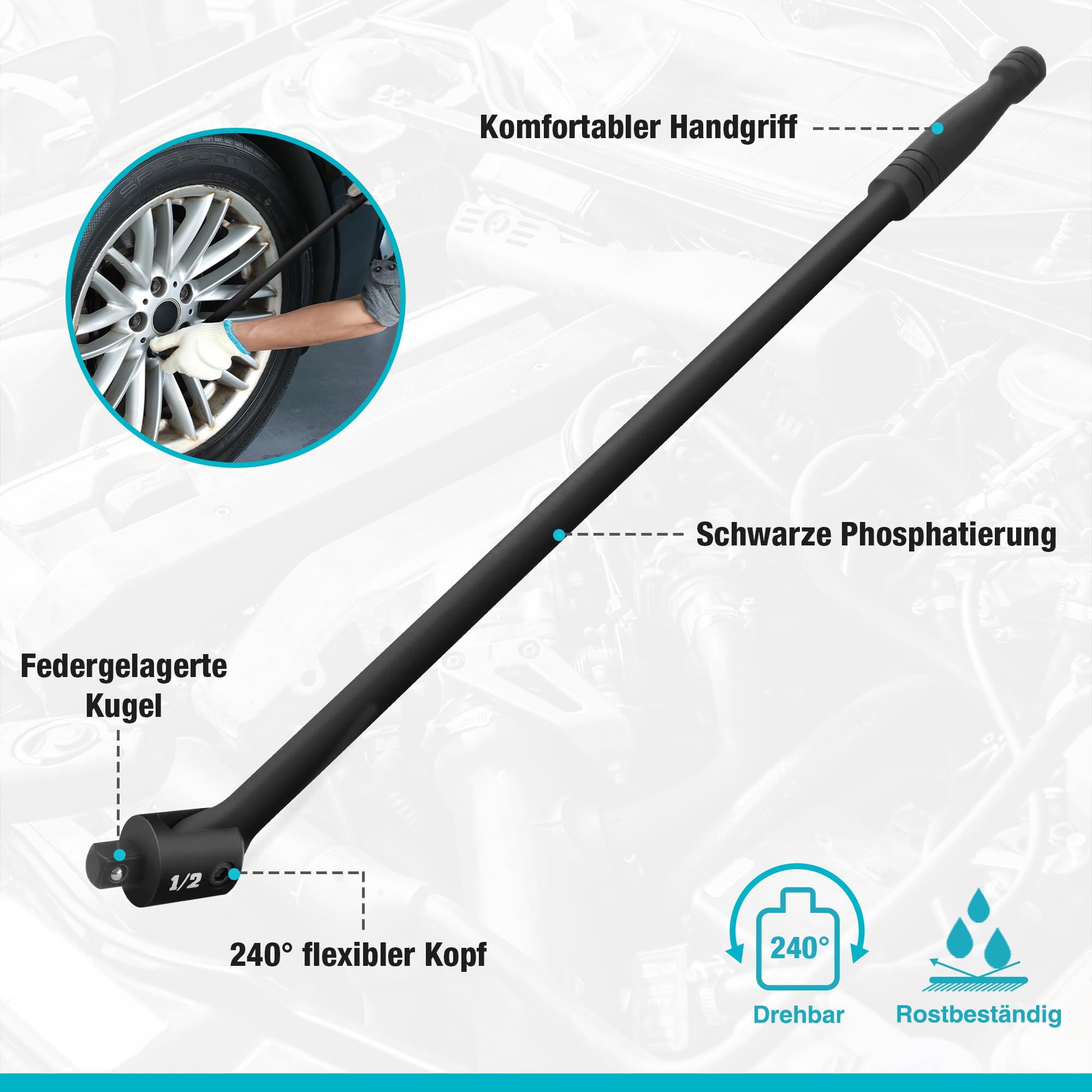 DURATECH 1/2" Gelenkgriff 600 mm, Maximales Drehmoment 780 N·m, mit Flexiblem Kopf, Federbelastete Kugelkonstruktion, für Autoreparaturen und DIY, Schwarz