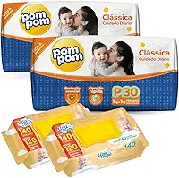 Kit 02 Pacotes Fraldas Descartáveis PomPom P M G XG + 280un Lenços Toalhas Umedecidos para Bebê UPA (Pequeno)