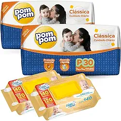 Kit 02 Pacotes Fraldas Descartáveis PomPom P M G XG + 280un Lenços Toalhas Umedecidos para Bebê UPA (Pequeno)