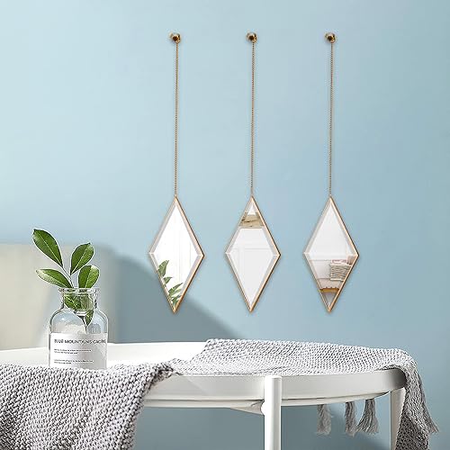 PHOSPHOR Espejo de pared decorativo de diamante, juego de 3 piezas de espejo dorado para decoración del hogar con cadena colgante, espejos de pared