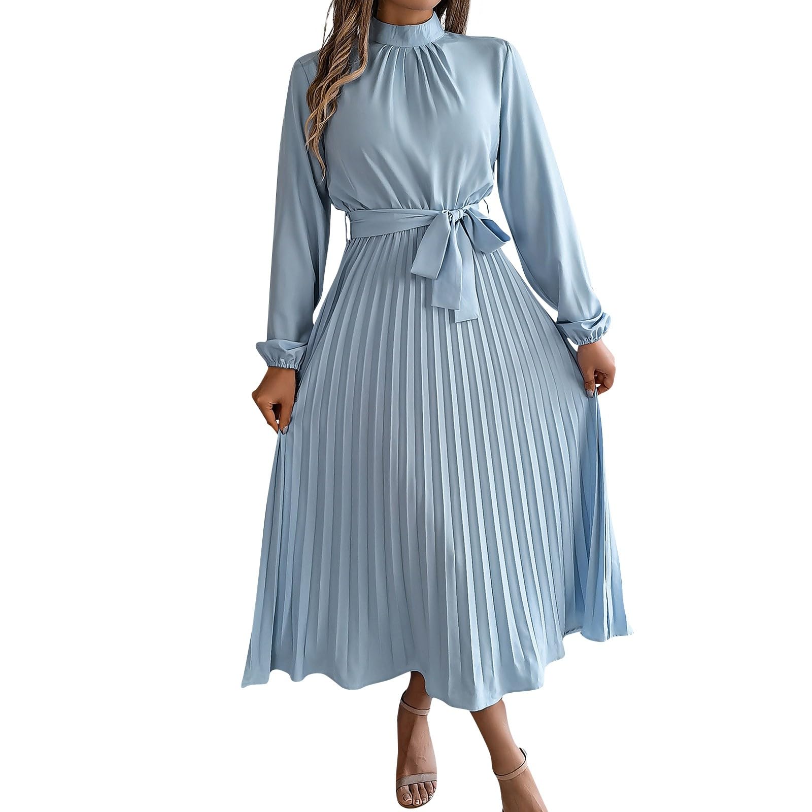 Kleid Damen Langarm Abendkleider Elegant Für Hochzeit Lang Frühlingskleid Plissee Kleider Faltenkleid Mit Gürtel Maxikleid Frauen A Linie Casual Freizeitkleid Stehkragen Herbstkleid Puffärmel