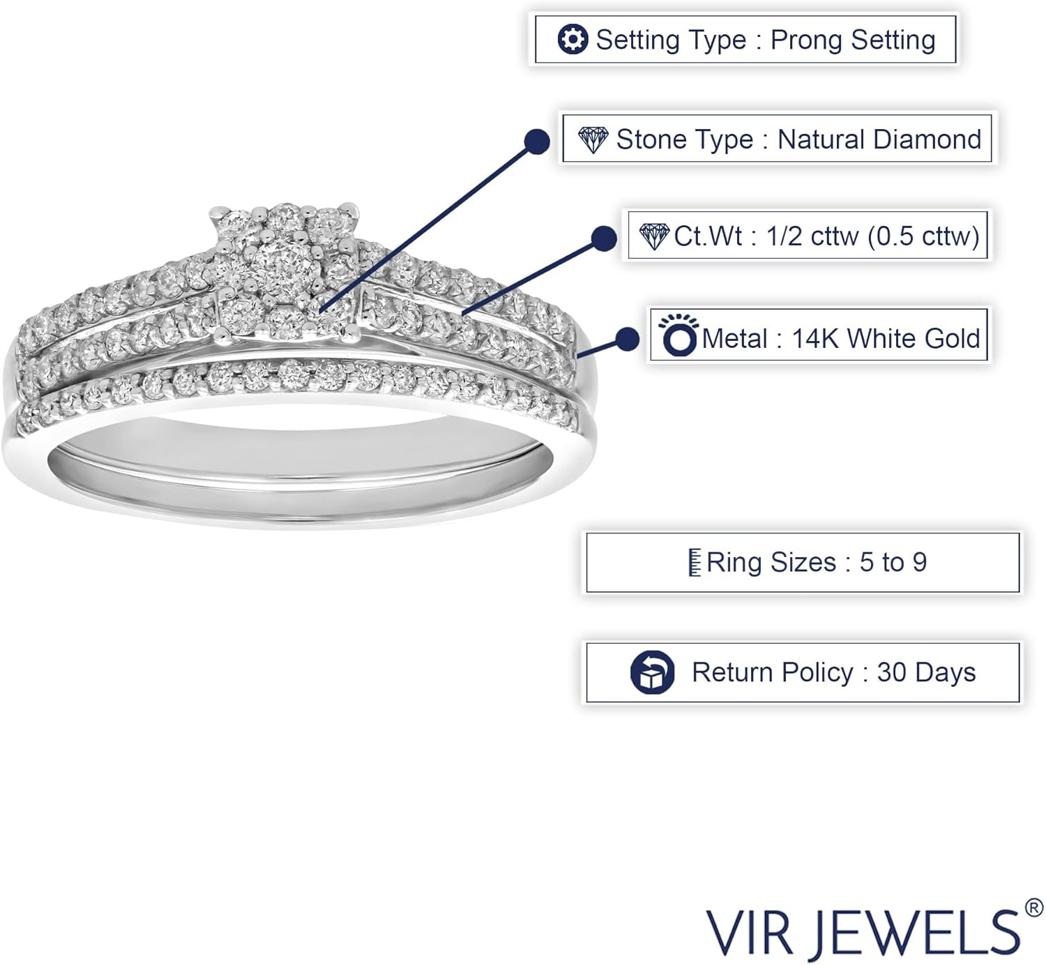 VIR JEWELS 1/2 cttw Diamond Cluster Wedding Engagement Ring Set 14K White Gold Bridal - Image 5