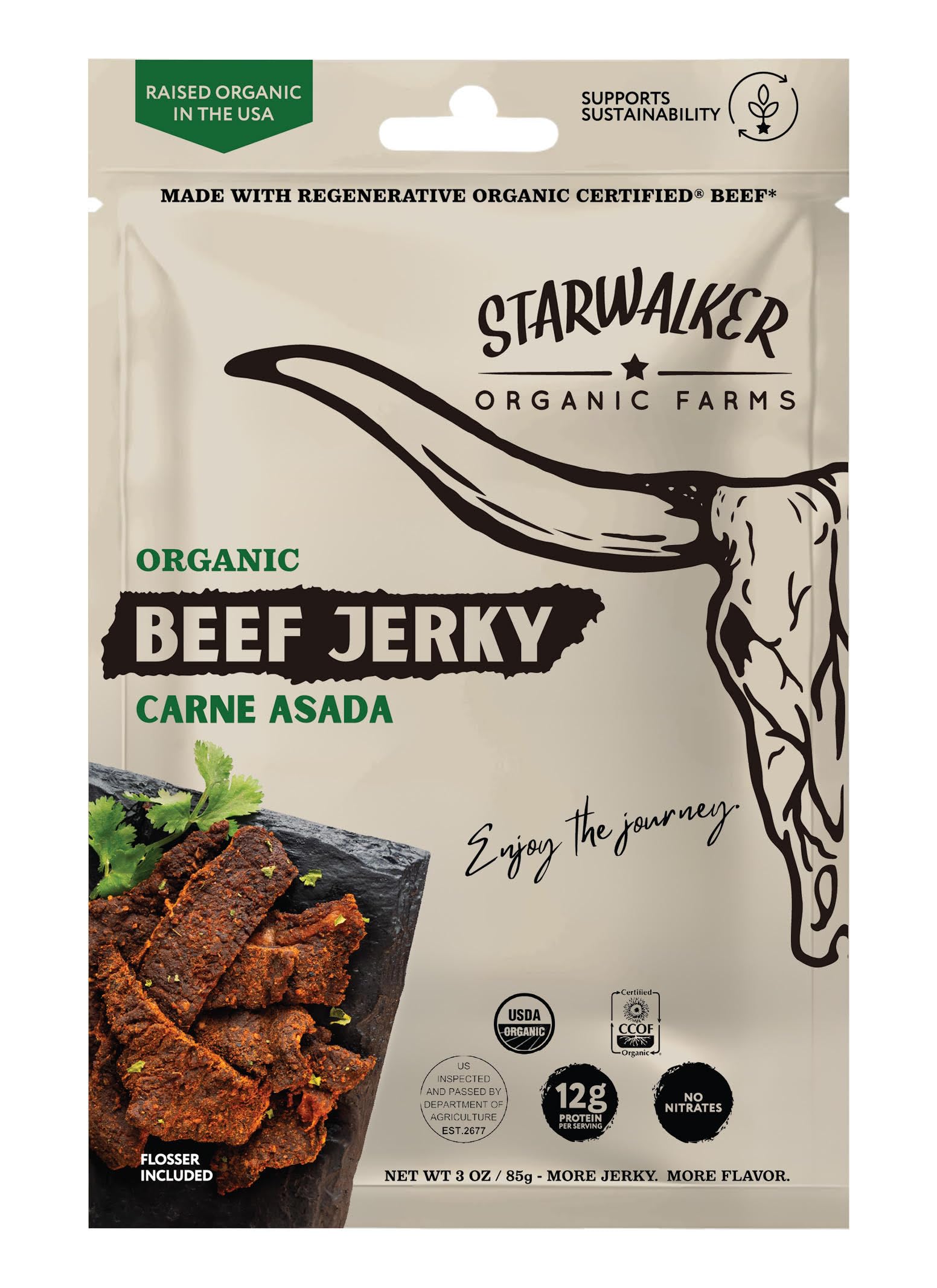 StarWalker Organic Farms Carne Asada Beef Jerky – Certified Organic, 36g Protein, No Nitrates or Preservatives, Grass-Fed, 3 oz Bag