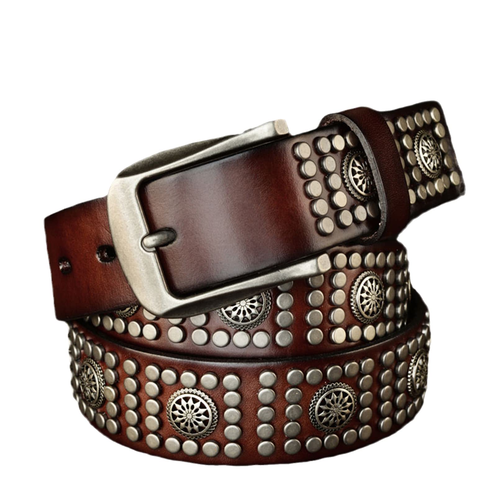 COUGA Rivet Men/Women Belts for Dresses, Cow Leather Studded Belts for Jeans, Stylish Punk Rock Goth Stud Belt Wide 1.5 Inch(38mm),Coffee,110cm/waist:36"~38"
