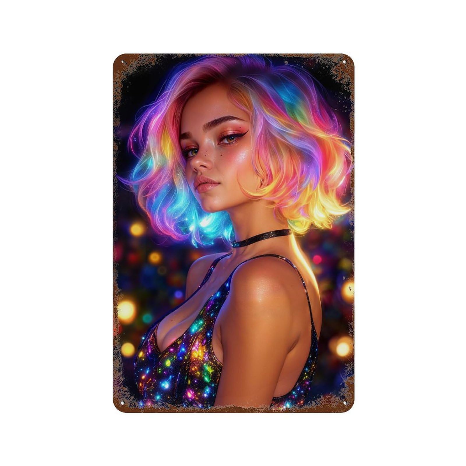 Neon Hair Woman Rust Effect Tin Sign 11.8"x7.9", Rustic Home Decor for Garage, Pub Or Kitchen