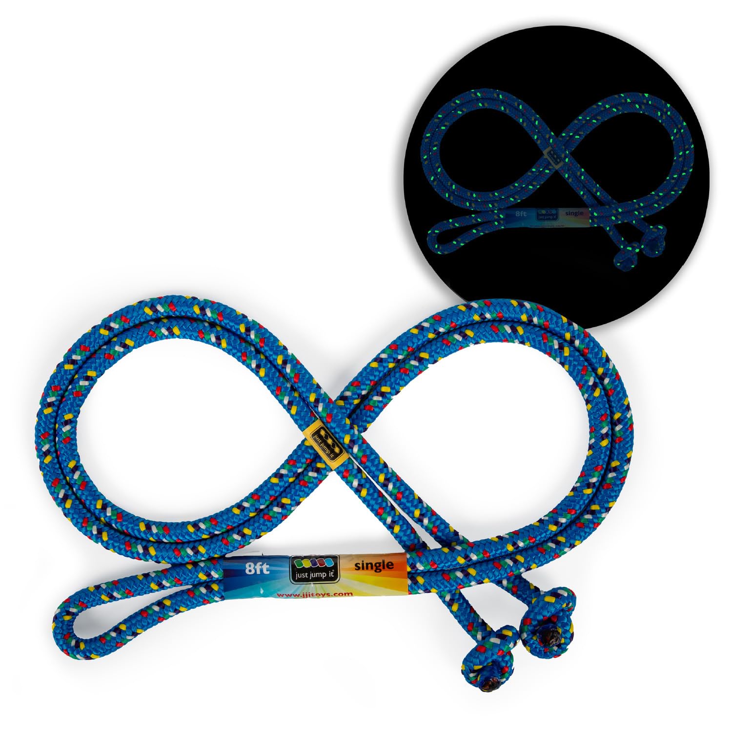Just Jump It 8 Foot Glow in the Dark Jump Rope for Kids, Active Outdoor Youth Fitness Exercise Equipment, Braided Nylon Gym Accessories, Blue