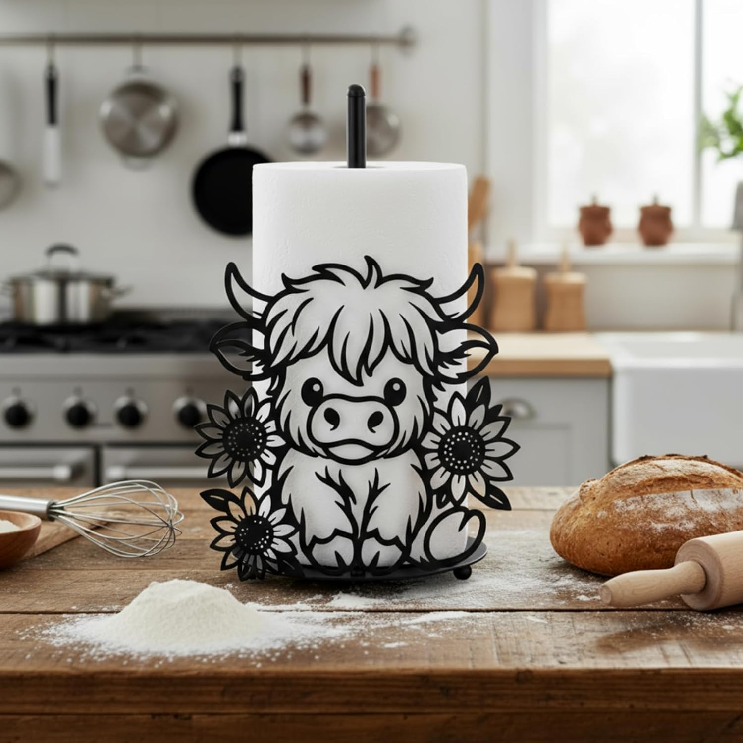 Honeydak Highland Cow Paper Towel Holder Cute Metal Black Kitchen Decor Accessories Large Trendy Tissue Towel Holder Stand for Countertop Kitchen Bathroom Home