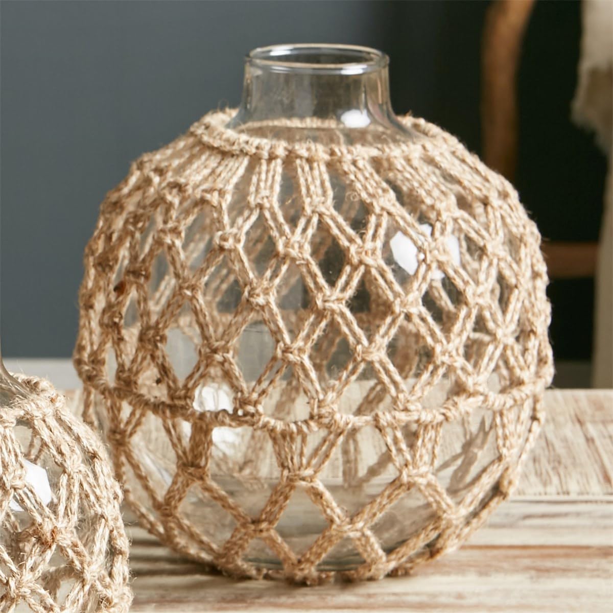 Vase en verre avec macramé 21 cm pour masquer les tiges de fleurs