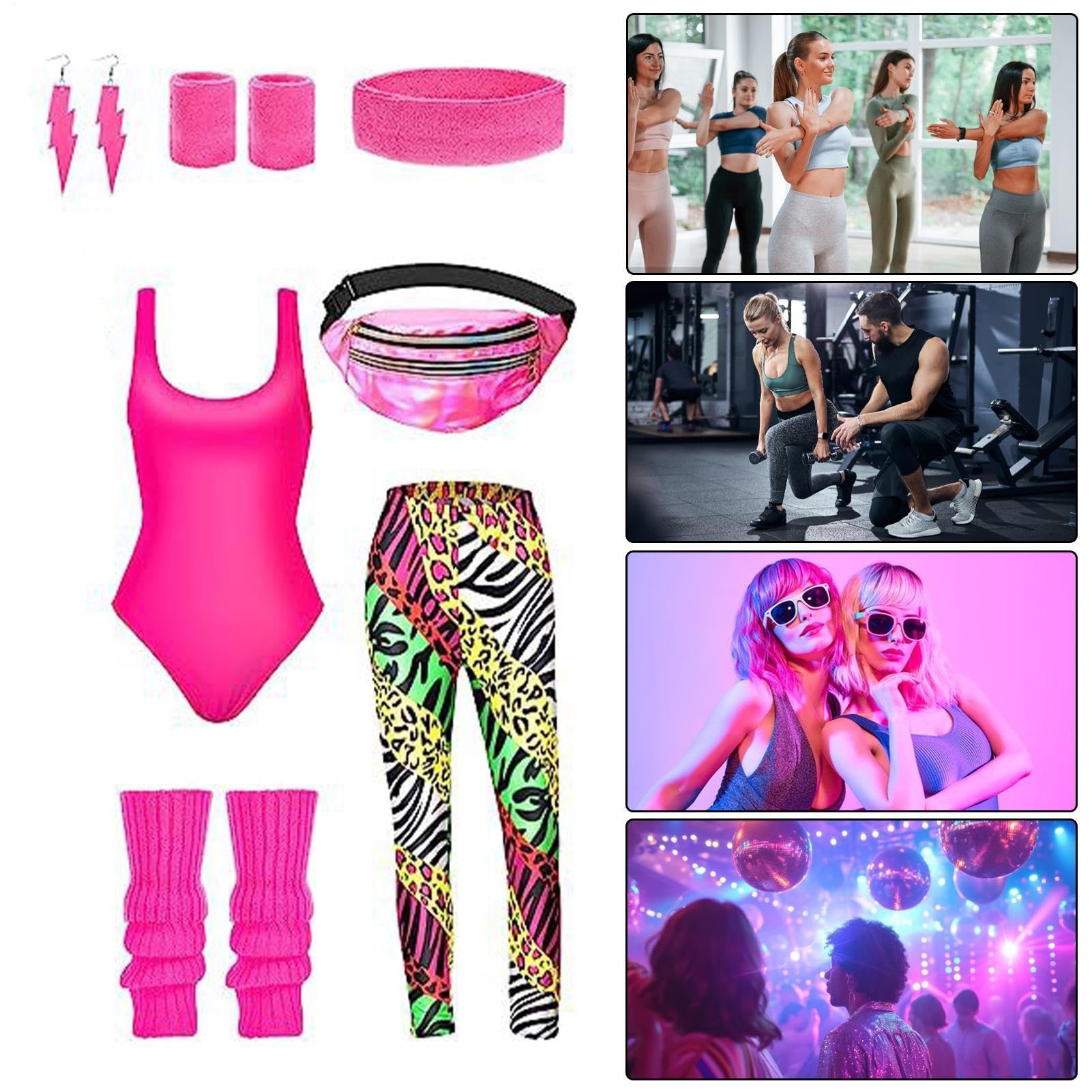 Générique Kostium treningowy w stylu lat 80. dla kobiet, kostiumy dla dorosłych w stylu lat 80. XX wieku, na imprezę dla kobiet, legginsy do biegania, legginsy, kolczyki, torba ba