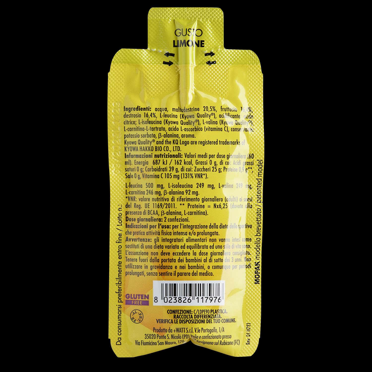 BCAA Liquid Carbo+ - Integratore Alimentare Liquido a Base di Carboidrati con BCAA - Senza Glutine - 30 Pouch da 30 ml Gusto Limone