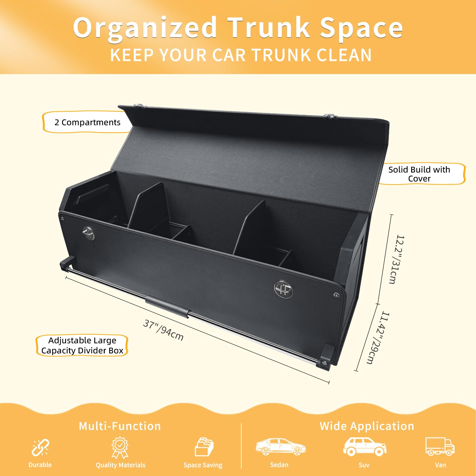 Auto Kofferraum Organizer Groß, Aufbewahrungsbox mit Deckel und Stabilem Griff, 84L Leder Auto-Organizer für Reisen, Camping und Einkaufen (Schwarz, 94 * 29 * 31CM)