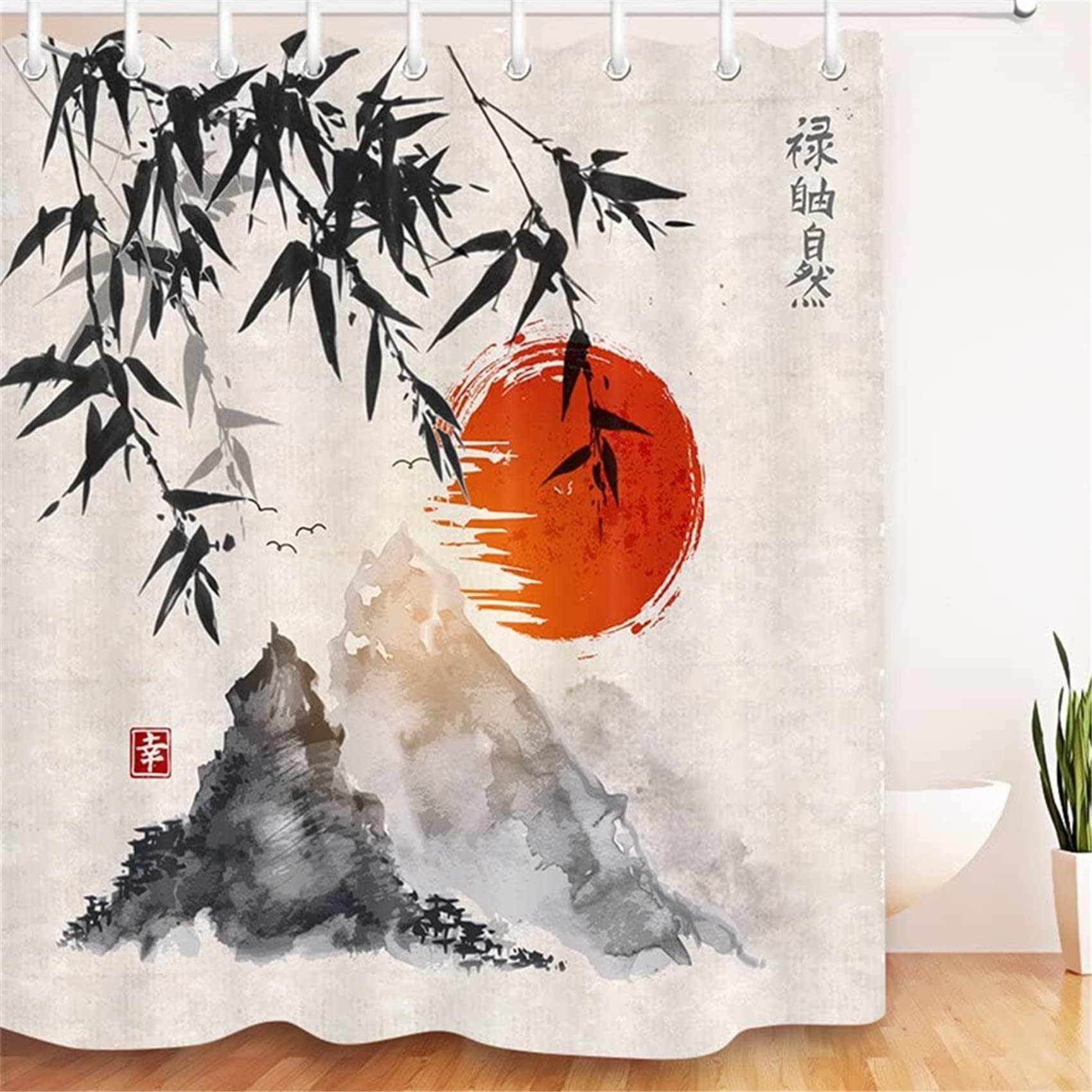 YEGRFJIS Japanese Ink Wash Shower Curtain Waterproof Washable, 260x200cm(WxL) Bamboo Red Sun Mountain Bath Curtain With Hooks, Asian Oriental Art Bathroom Decor, Moisture Proof Bathtub Curtain