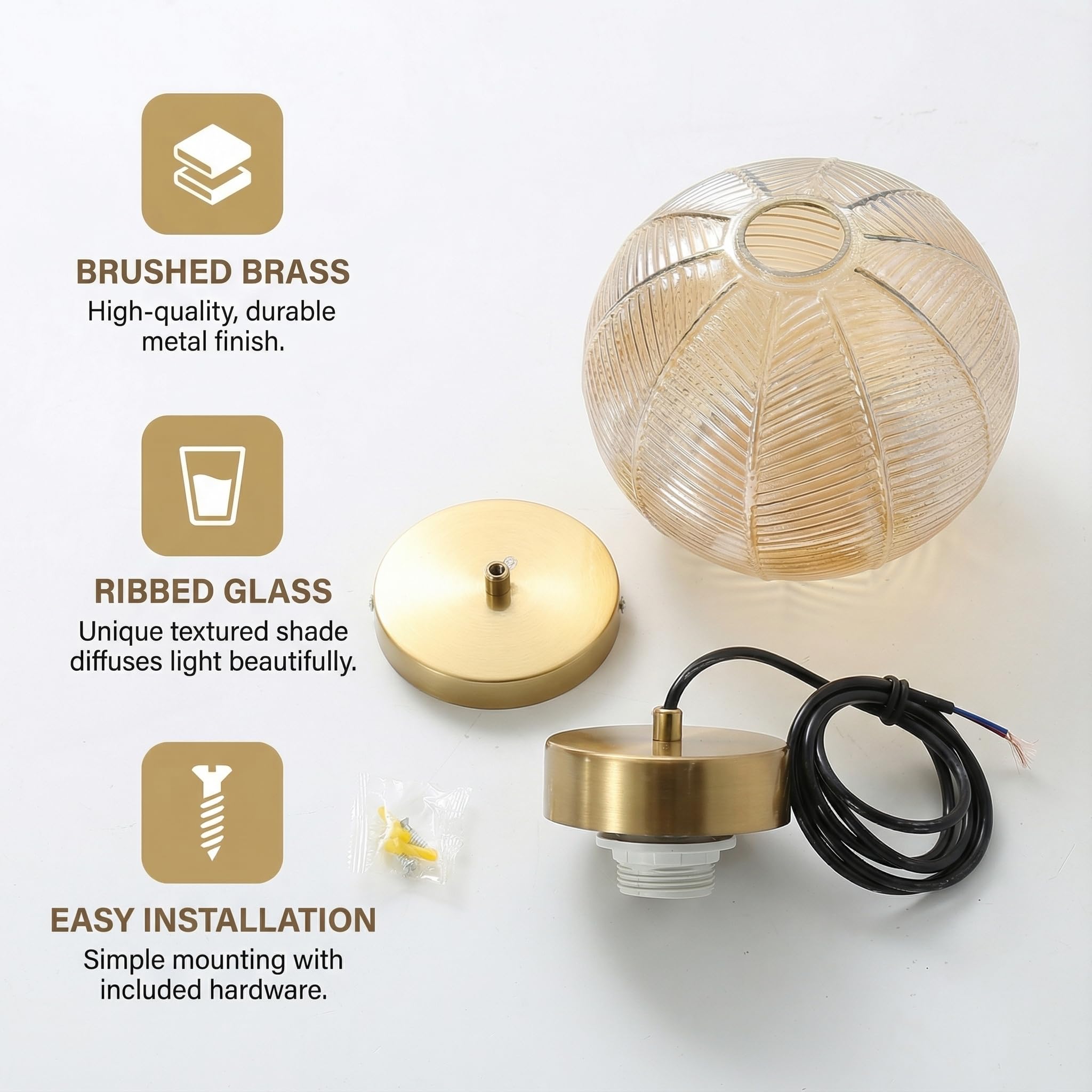 Suspension Luminaire Moderne à Boule de Verre de 20cm en Finition Dorée, Lampe Suspendu Hauteur Réglable E27 Lustre pour Salle à Manger,Salon,Chambre,Cuisine (Ambre)