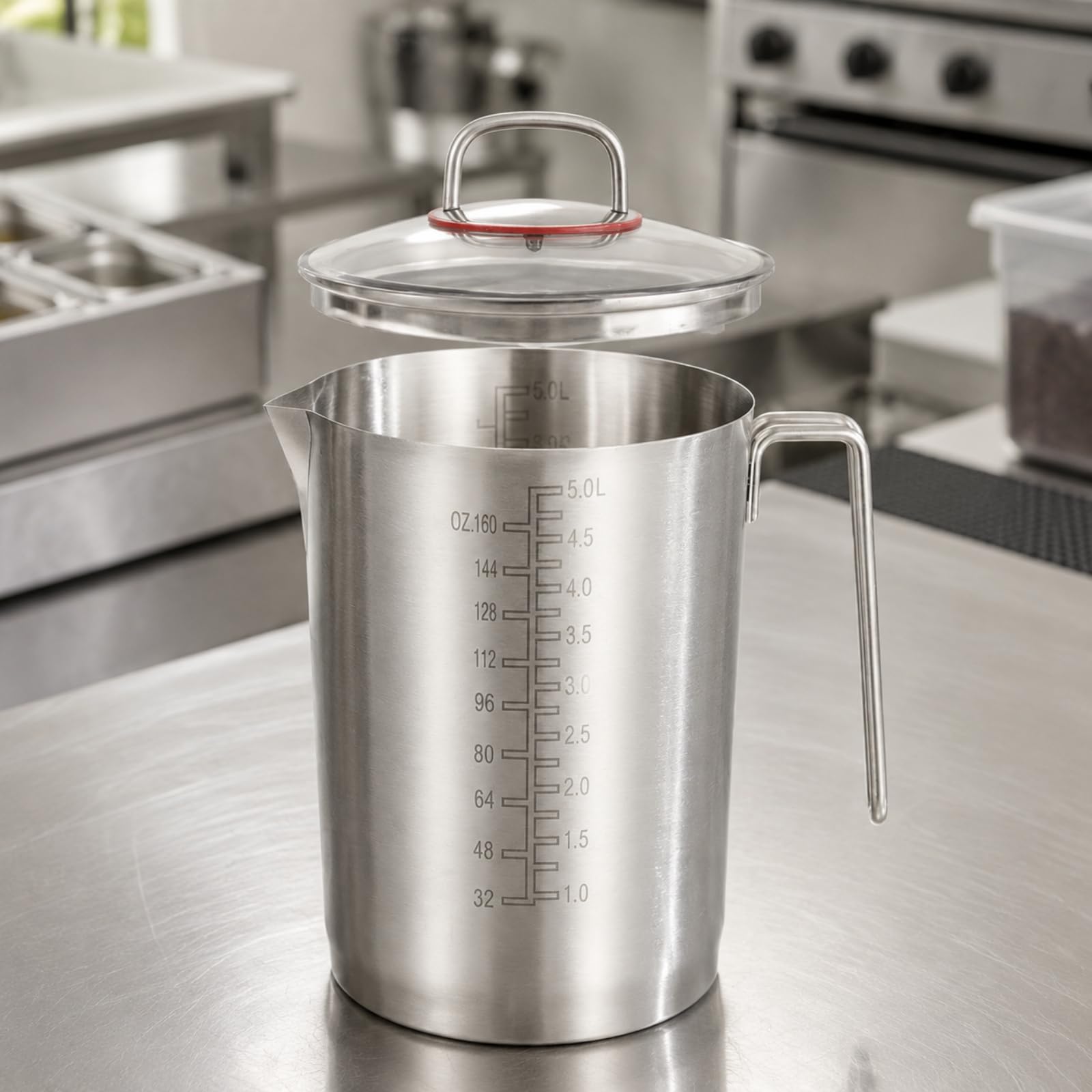 Bicchiere Dosatore in Acciaio Inox 304 Resistente Bicchiere Dosatore con Coperchio in Riutilizzabile Graduata con Manico, 5000ML