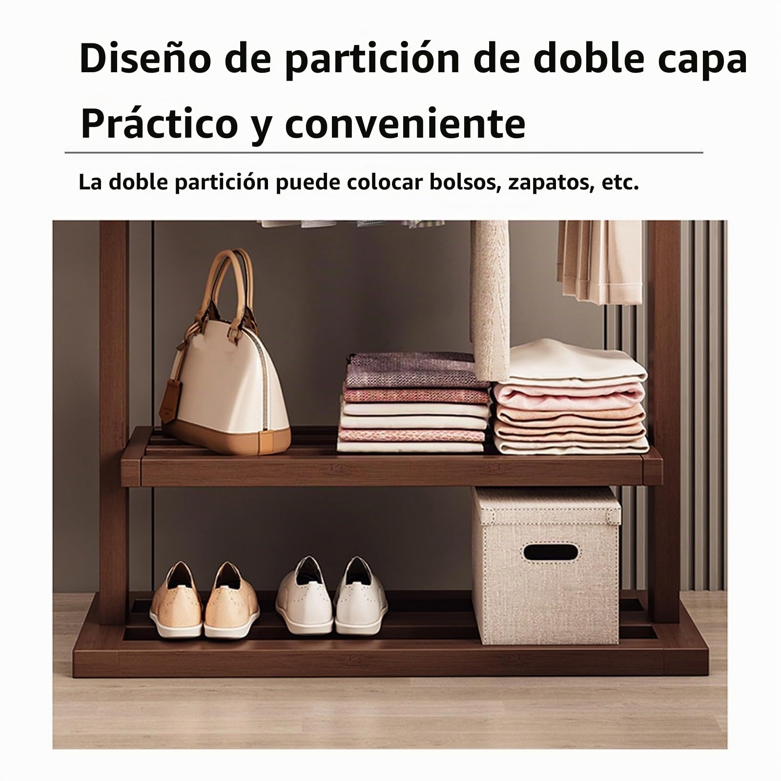 Perchero de madera maciza, perchero de bambú, perchero portátil con estante de almacenamiento y ruedas para colgar ropa, zapatos y ropa, adecuado para entrada, dormitorio, sala de estar Walnut,105