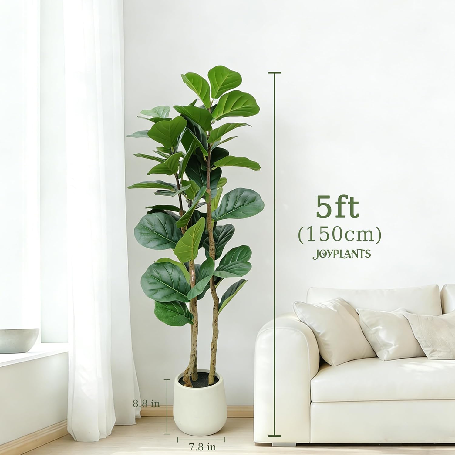 5ft Fake Fiddle Leaf Fig Tree, Realistic Fake Plants with Natural-Looking Trunk, Evergreen Faux Plants Indoor for Home & Office Decor（3 Poles, White Pot）