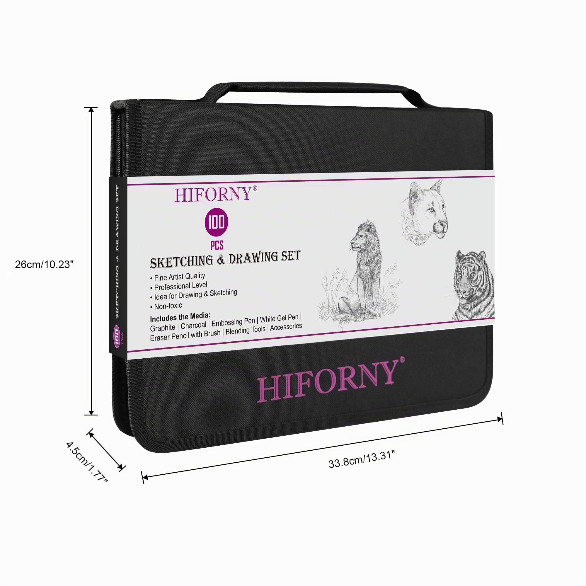 HIFORNY Set da Disegno da 100 Pezzi Kit per Schizzi, Matite da Schizzo Forniture d'Arte con Grafite, Carboncino, Strumenti di Sfumatura e Accessori, Custodia da Viaggio Portatile con Cerniera per