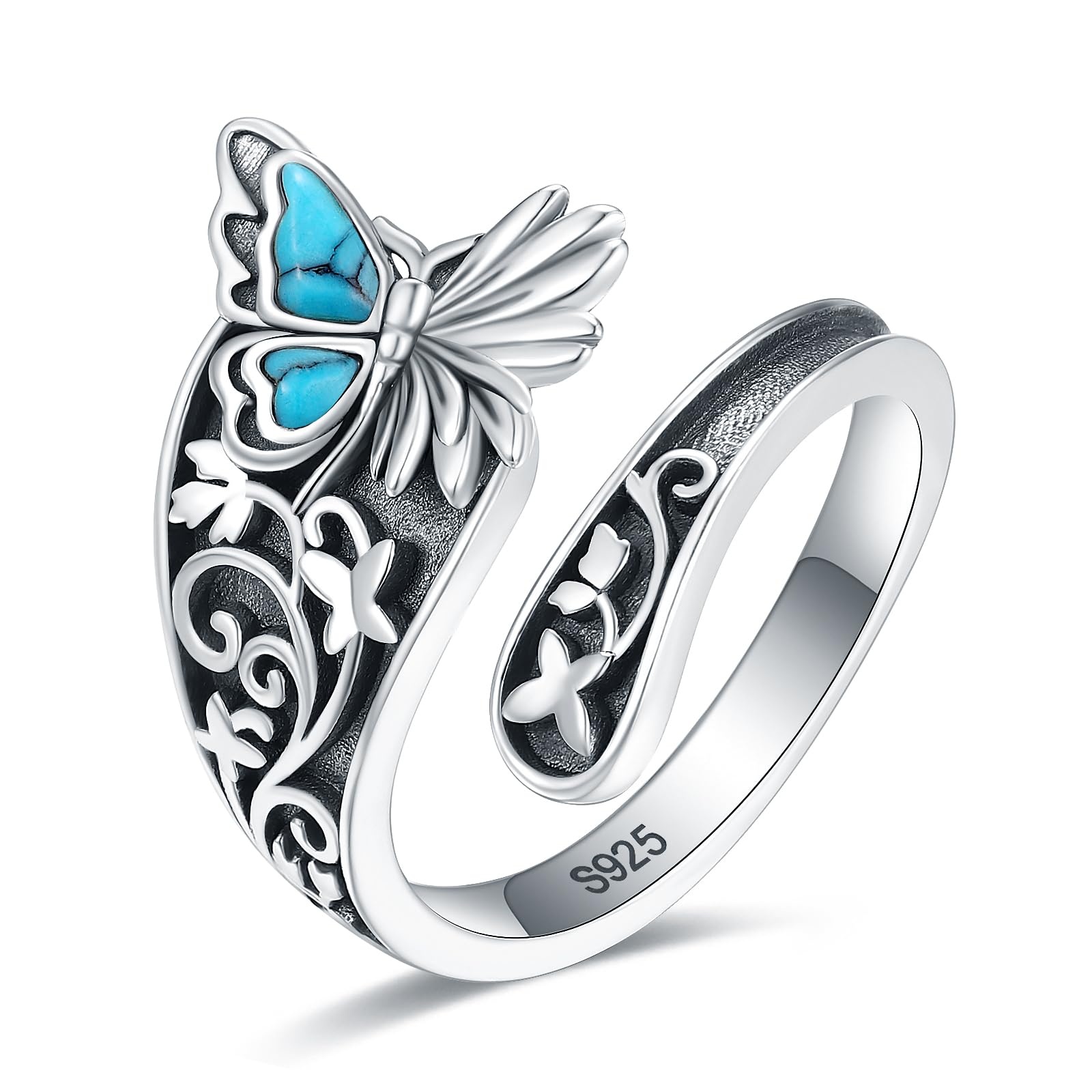 EJALEN S925-Sterling-Silver Abalone Dragonfly-Turquoise Spoon Ring - Vintage Boho Sunflower Thumb Oxidized Wrap Rings Victorian Style Antique Floral