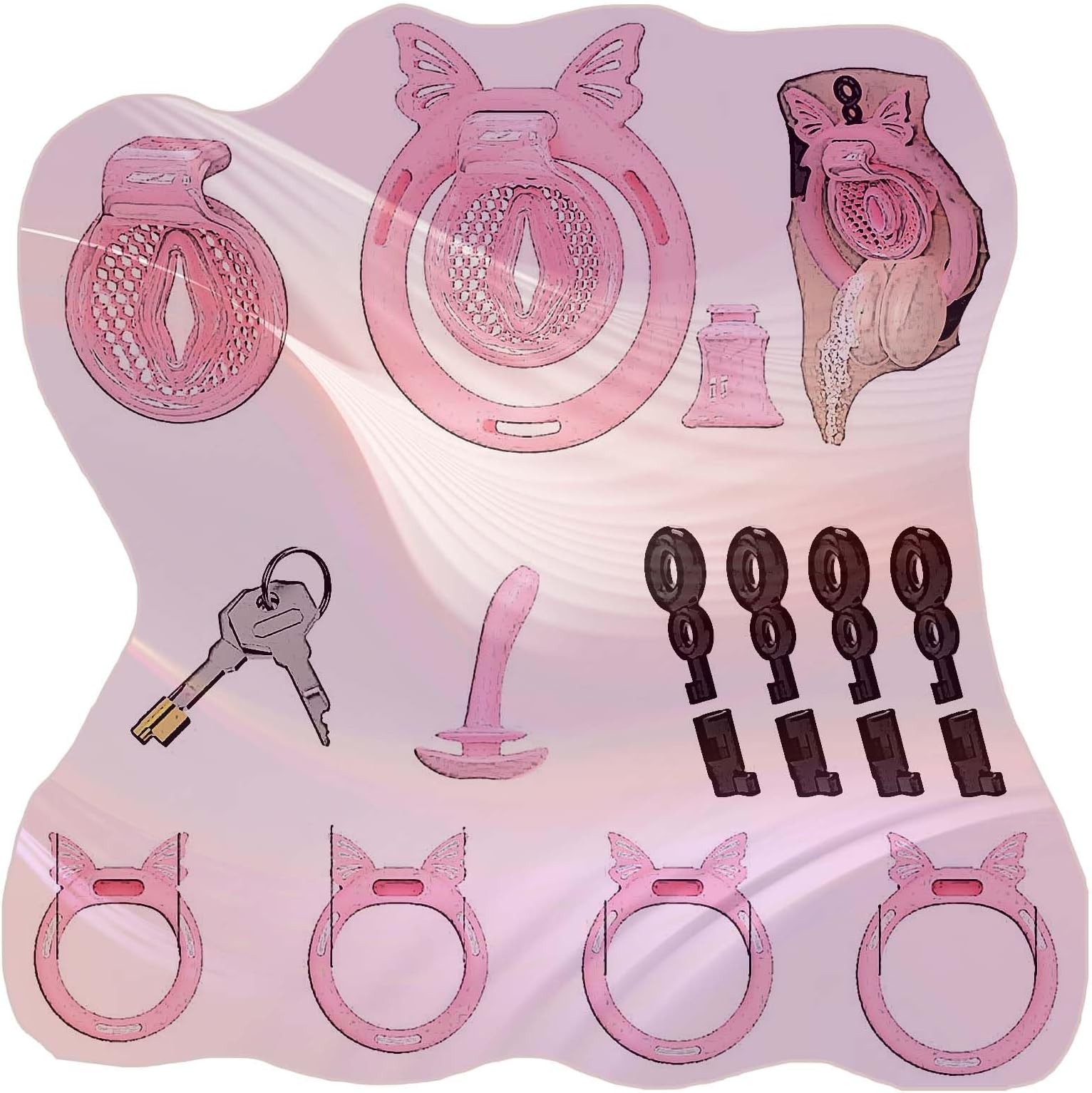 Negative Soft Exercise Fitness Cage Invisible Cross Dressing Set, 4 Sizes Rings and 1 Tube, Men's Breathable Design Protection Cage Set -A89CCUS (Pink, Short Negative：B)