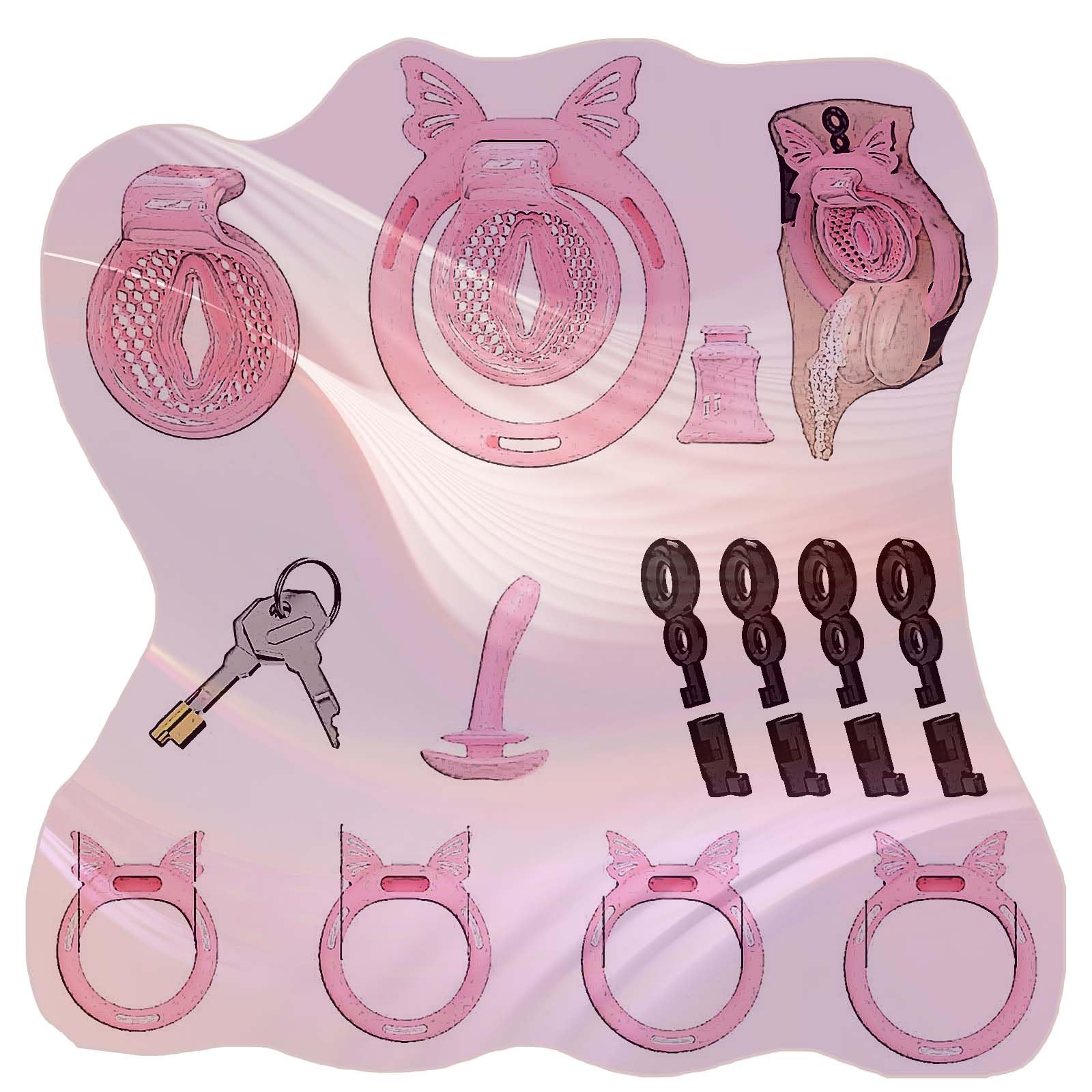 Negative Soft Exercise Fitness Cage Invisible Cross Dressing Set, 4 Sizes Rings and 1 Tube, Men's Breathable Design Protection Cage Set -A89CCUS (Pink, Short Negative：B)