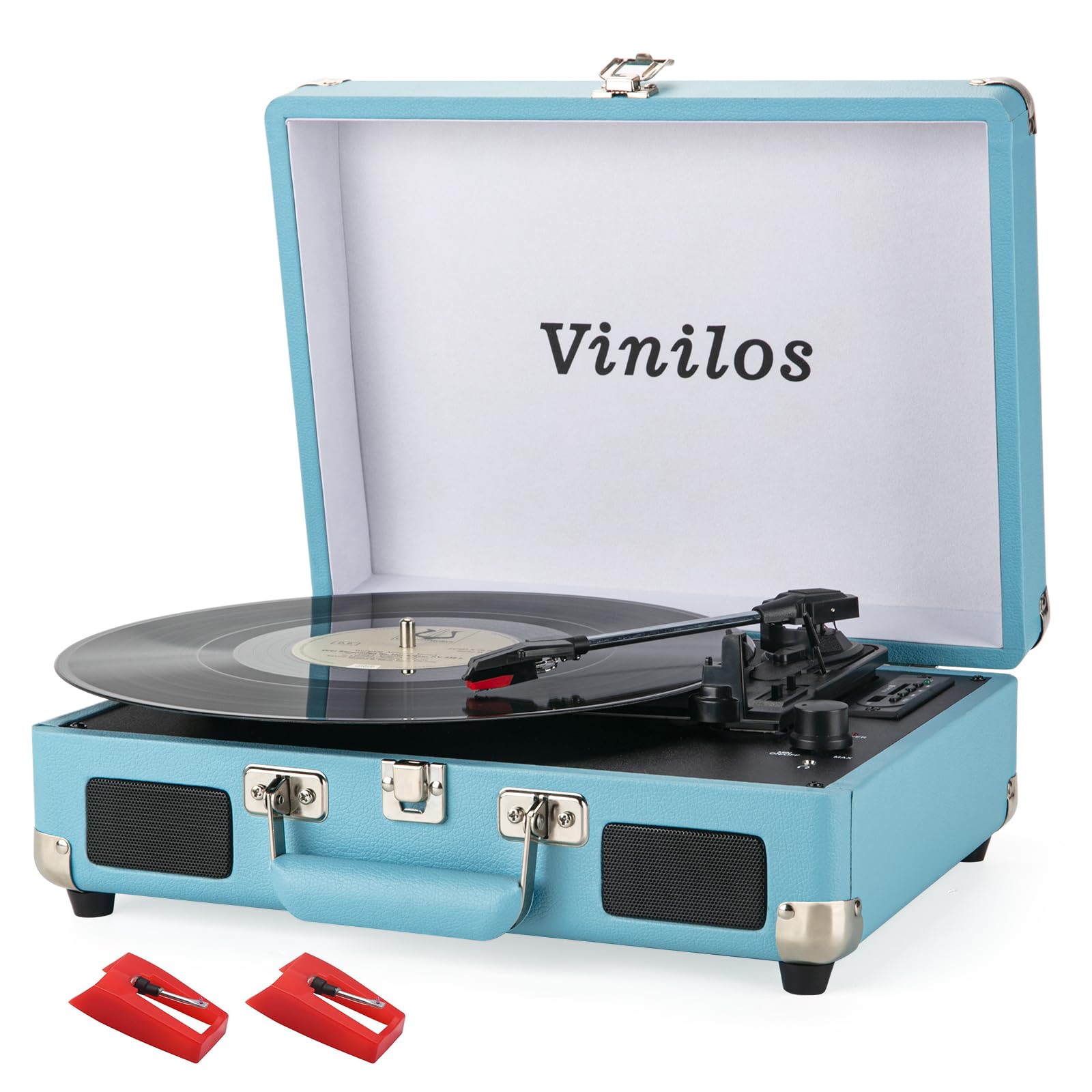 Portable Retro Bluetooth Vinyl Record Player with Hi-Fi Sound, USB Recording, 3-Speed Belt-Drive Turntable, Built-in Stereo Speakers, RCA Output,