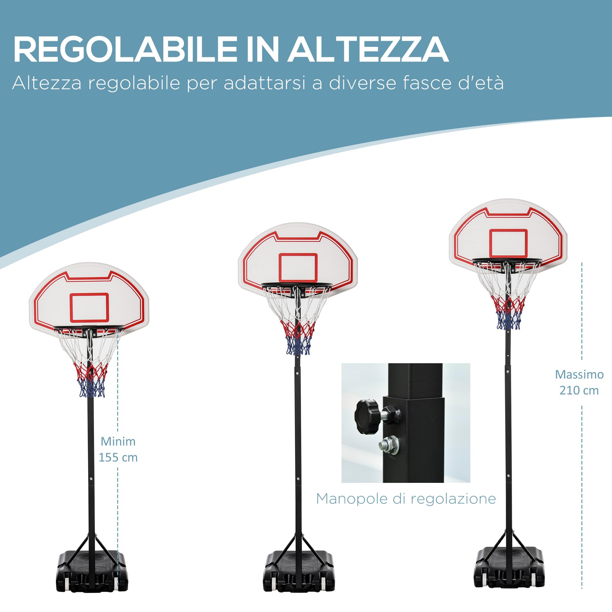 HOMCOM Canestro da Basket da Esterno con Supporto e Altezza Regolabile in Acciaio, 73x49x194-249 cm