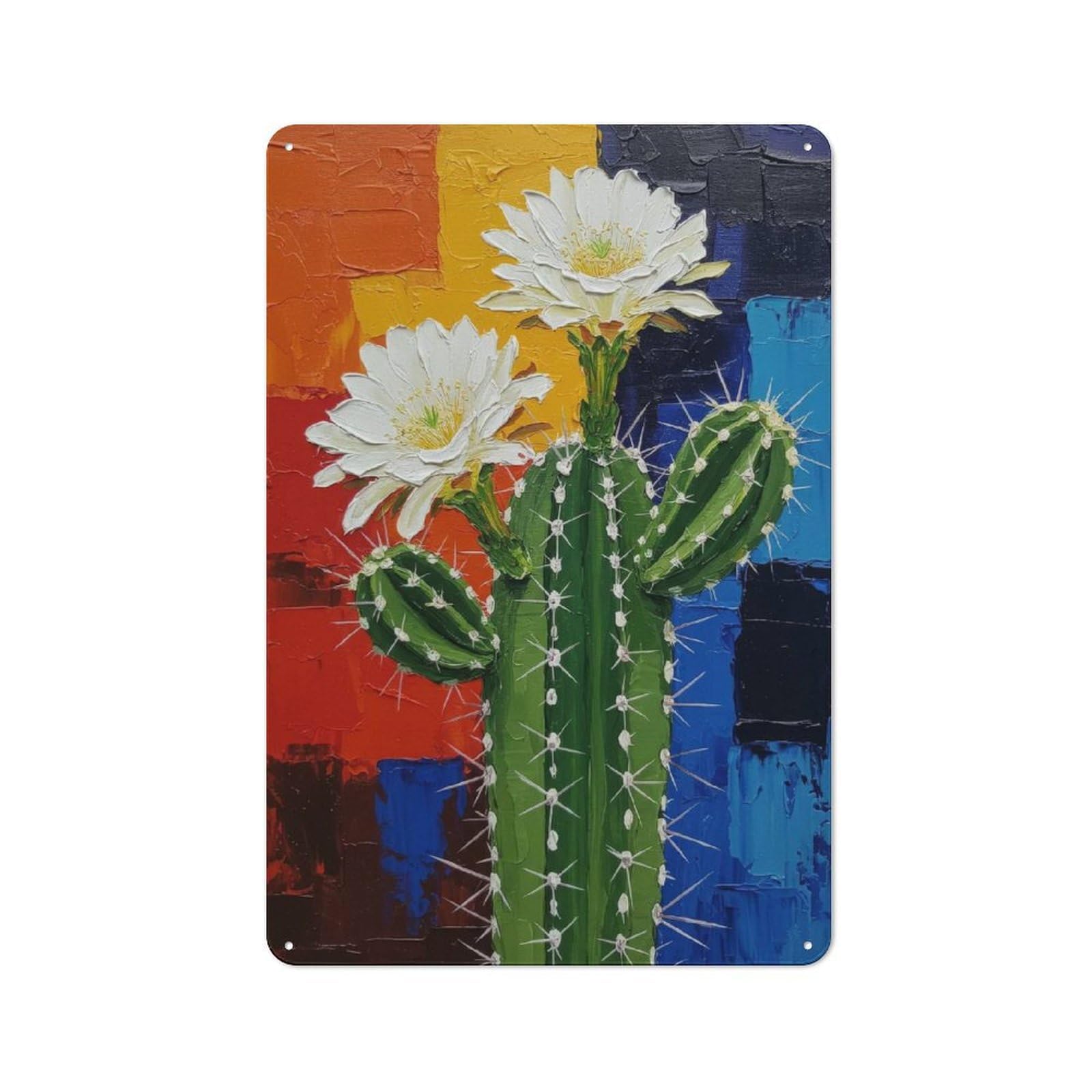 Junmoney Blooming Cactus Painting With Colorful Backgr Metal Wall Sign 30X20cm Featuring Ound For Living Room Wall, For Metal Sign Collectors, For Garage And Workshop Walls