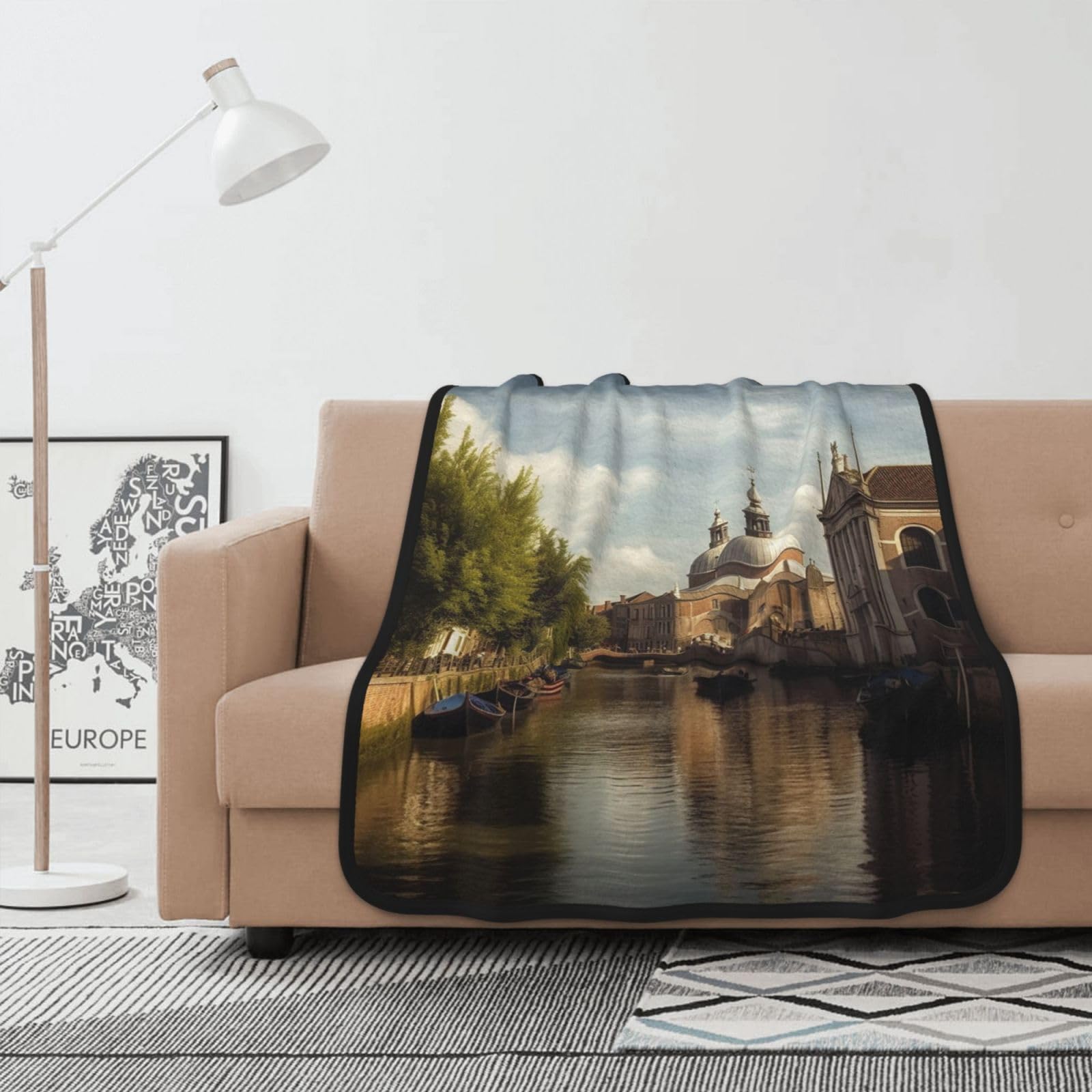 Couverture polaire imprimée église et canal 102x127 cm en flanelle double face pour lit et canapé