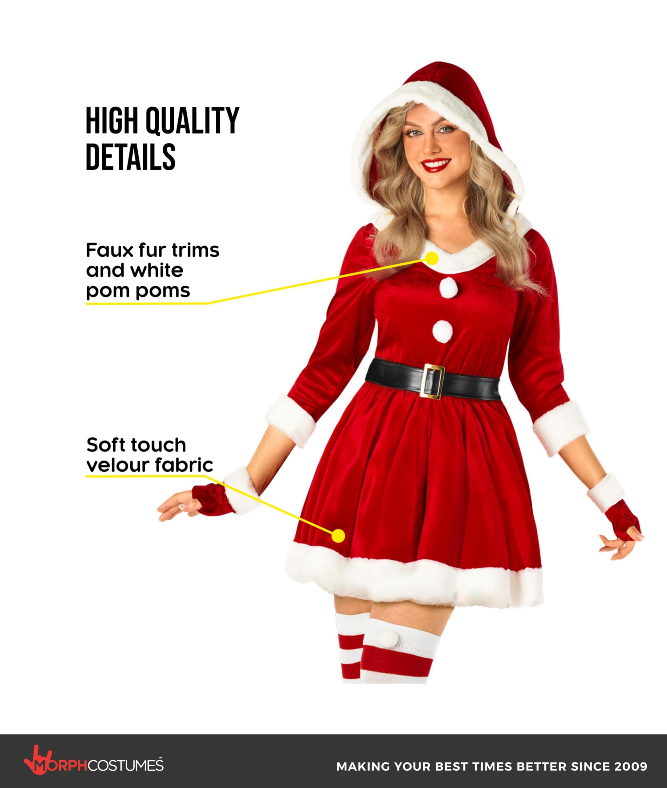 Morph Deguisement Mere Noel Femme, Costume Noel Halloween Femme | Robe Rouge à Capuche, Ceinture, Mi-Gants & Bas, Tenue de Noël Complète, Parfait pour Halloween, Idéal pour se Déguiser