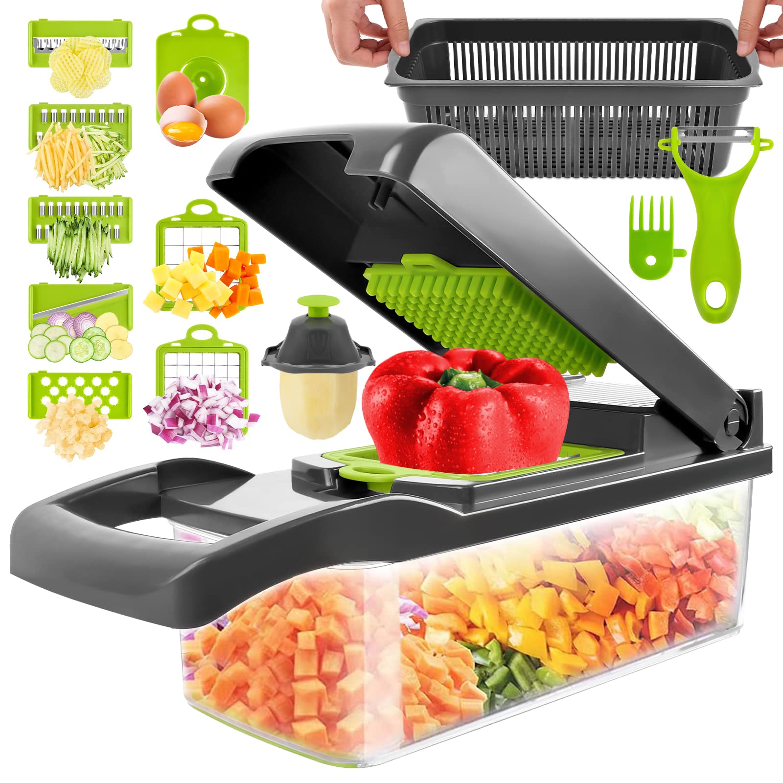 16-in-1 Ultimate Fruit & Vegetable Chopper Cutter Set – Plastic & Stainless Steel, Includes Slicer, Peeler & Brush