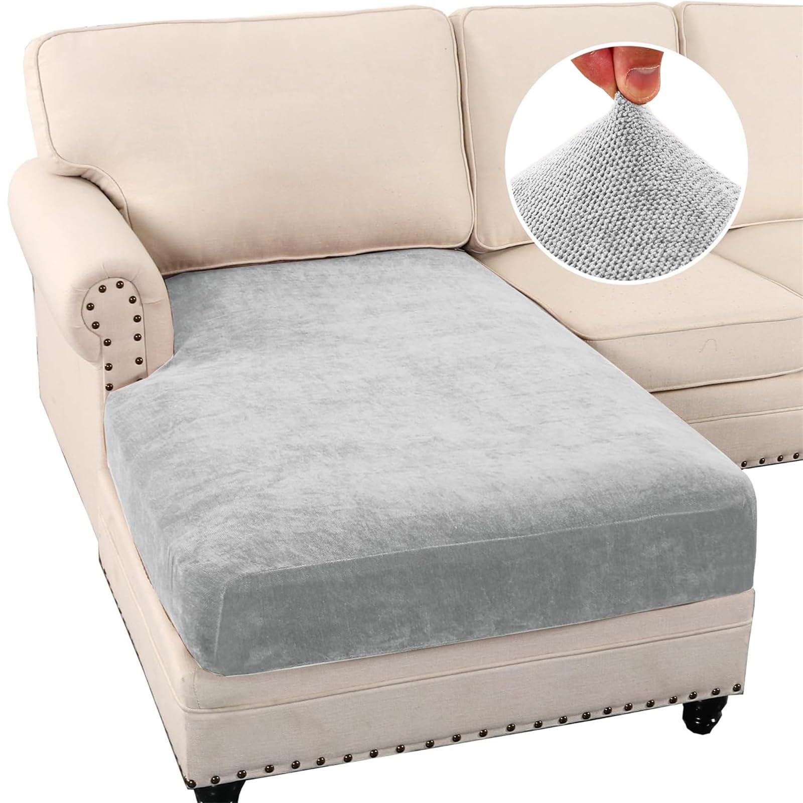 BXFUL Stretch Sofa Seat Cushion Covers, Chenille Sofa Cushion Slipcovers, High Stretch Couch Covers for Living Room Non Slip Furniture Slipcover with Elastic Bottom (Chaise Lounge,Light Gray)