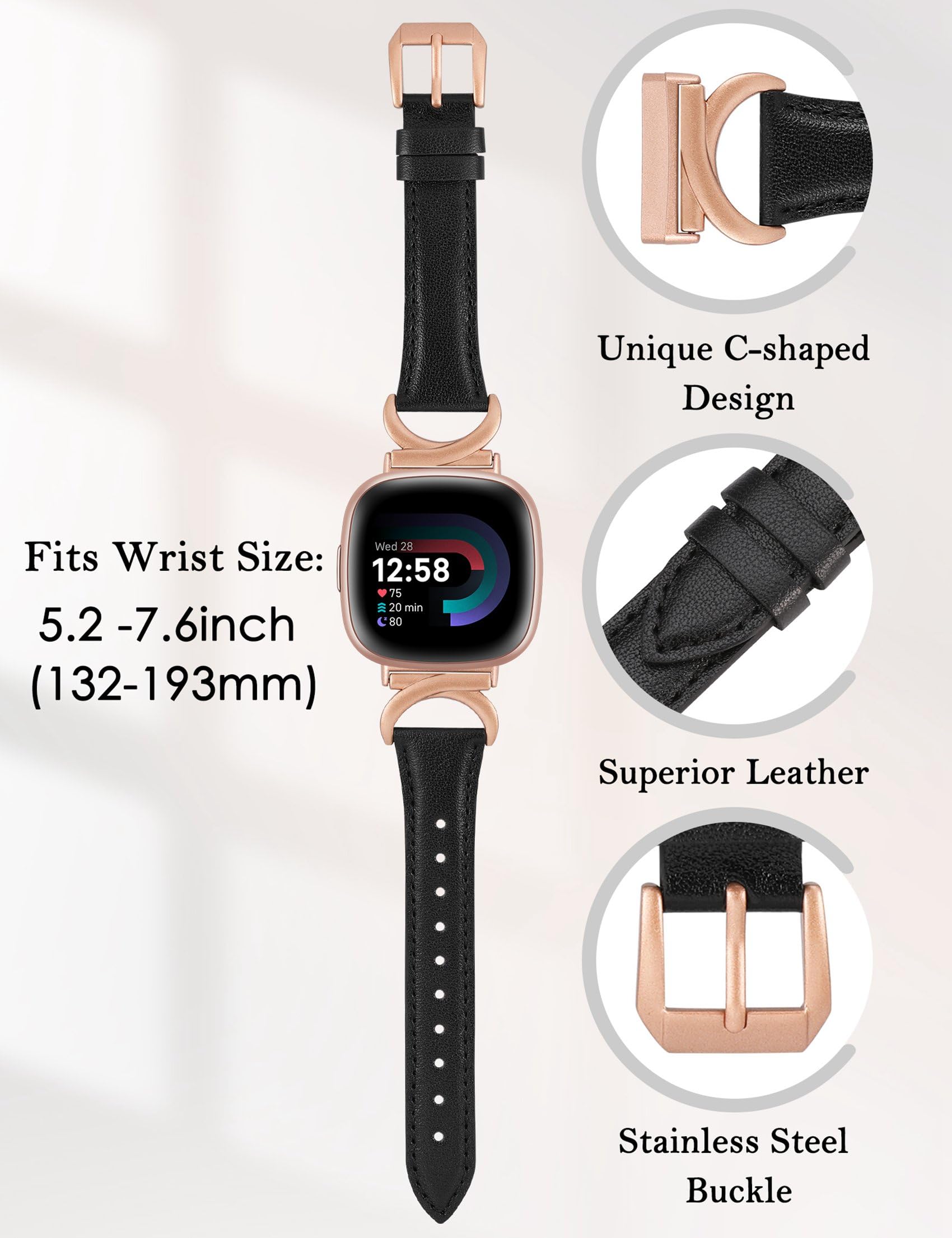 TOYOUTHS Leather Strap Compatible with Fitbit Versa 4/Versa 3/Sense 2 Women Slim Thin Dressy Elegant Premium Leather Strap with C-Shaped Metal Buckle for Versa 4 - Image 3