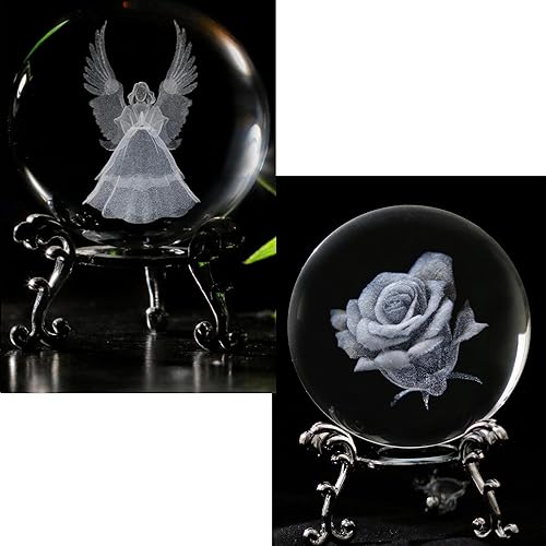 Miniatura 1 de vskikris Pisapapeles de bola de cristal de ángel y rosa 3D - Regalos de esfera de cristal