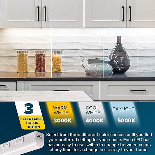 Miniatura 2 de Sunperian Kit de luz LED para debajo del gabinete, 2 tiras de luz LED enchufables de 12 pulgadas, 10 W, 1000 lúmenes, enlazable, 3 opciones de color