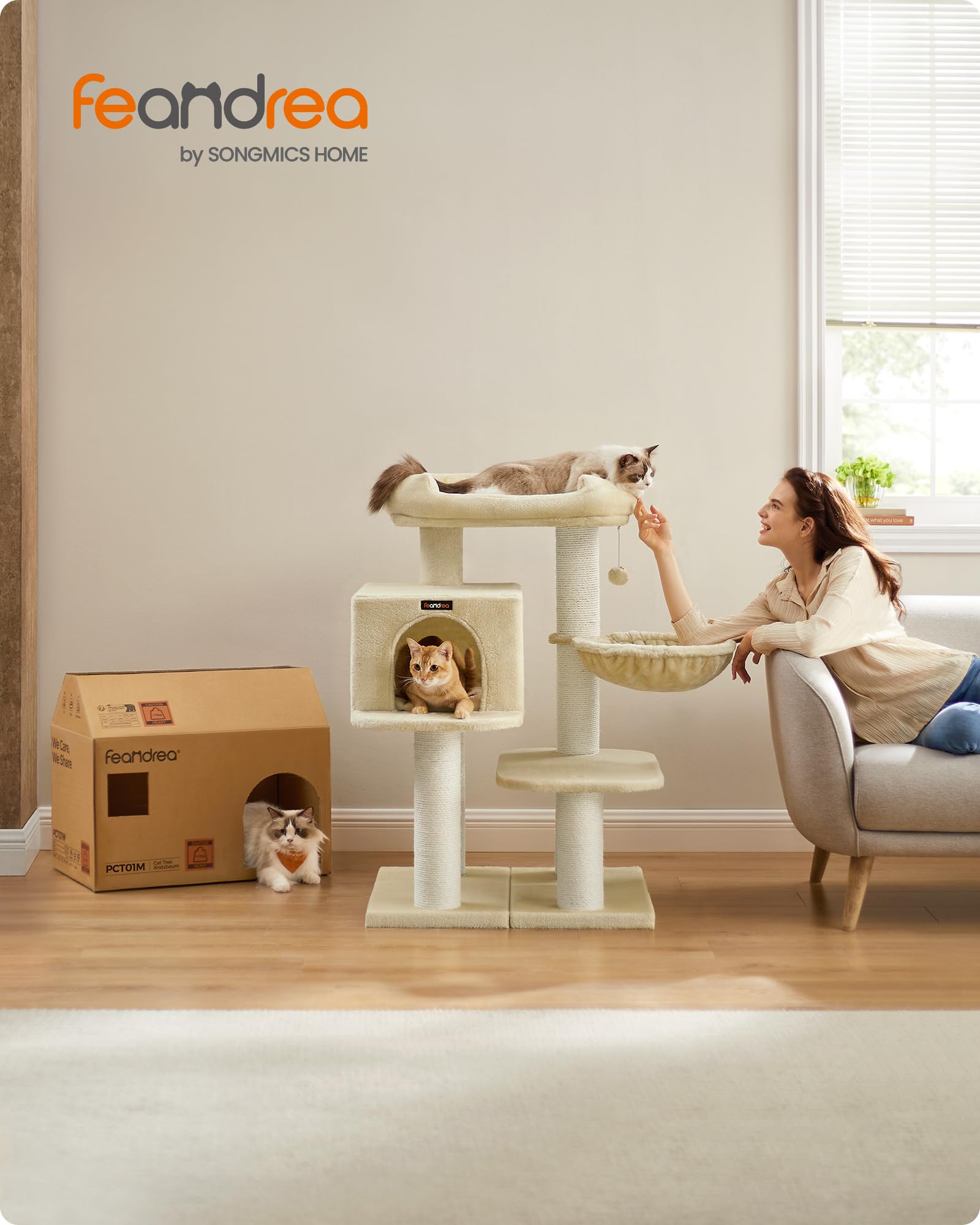 FEANDREA Árbol para Gatos, con Plataforma de Observación XXL, Tumbona de la Cesta y Cueva Grande, Postes Gruesos Envueltos en Sisal, Estable, Beige PCT01M
