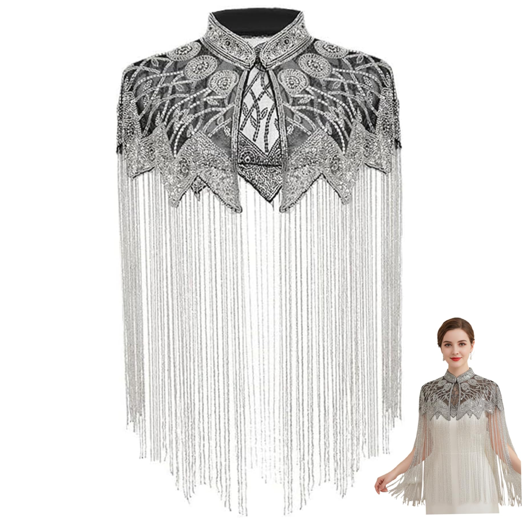 Châle perlé – Châle à paillettes vintage à franges des années 1920, pour réception de mariage, événements formels