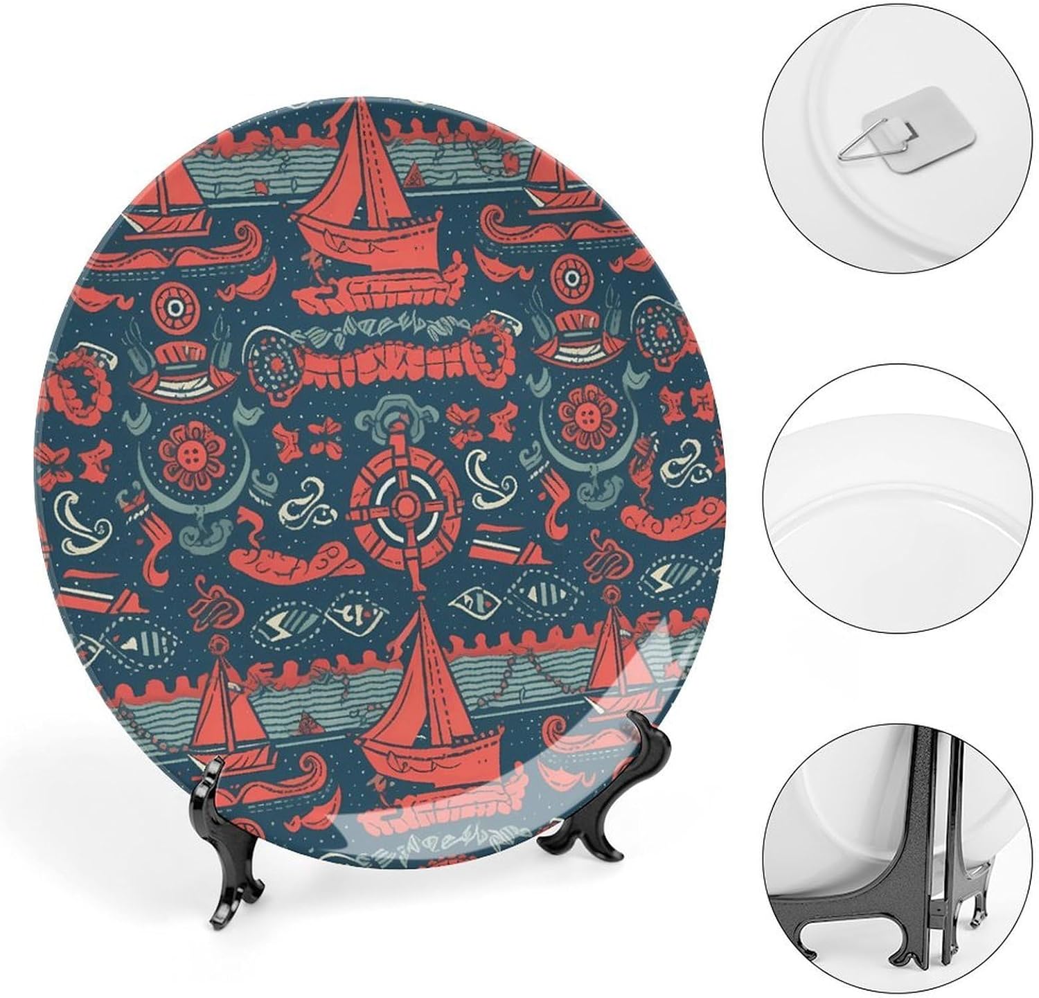Bone China Decorative Plates Sailboat Pattern Ceramic Decorative Plate Wall Decor with Display Stand Ceramic Ornaments for Wall Hanging Decoration