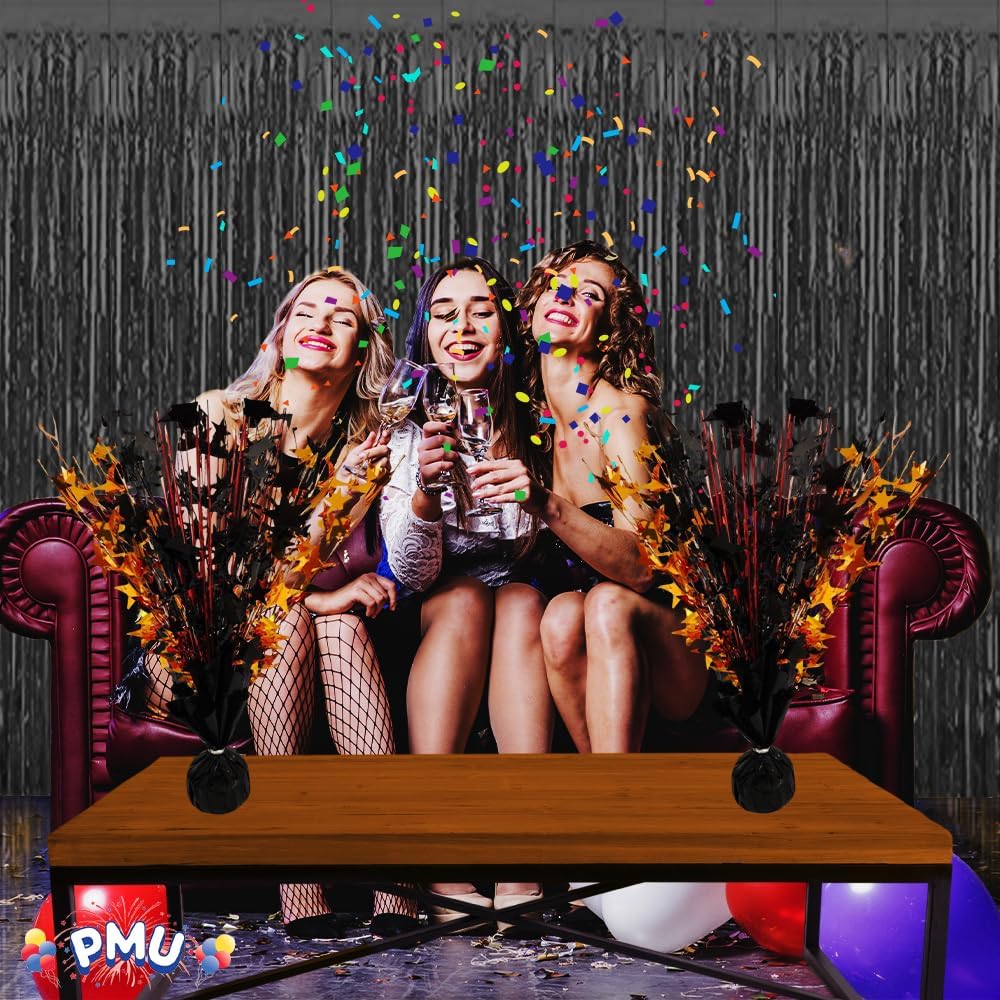 PMU 6 pack Bursting Star Metallic Foil Spray Centerpiece- Metallic Black & Orange Balloon Weights, Party Table Decorations Centerpiece for Birthdays, Halloween and Graduation 15in / 7.34cm