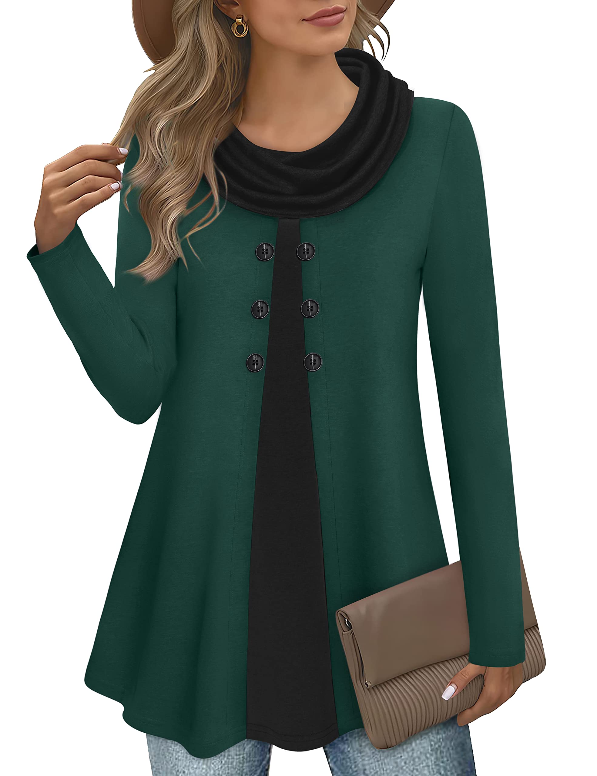 Bebonnie Womens Long Sleeve Cowl Neck Warm Splicing Tunic Tops with Buttons