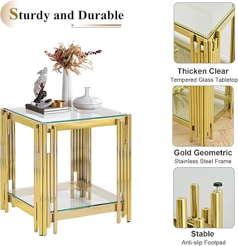 Miniatura 5 de Mesa auxiliar cuadrada de vidrio de 20 pulgadas con marco de acero inoxidable dorado, moderna mesa auxiliar de vidrio transparente para sofá, mesita