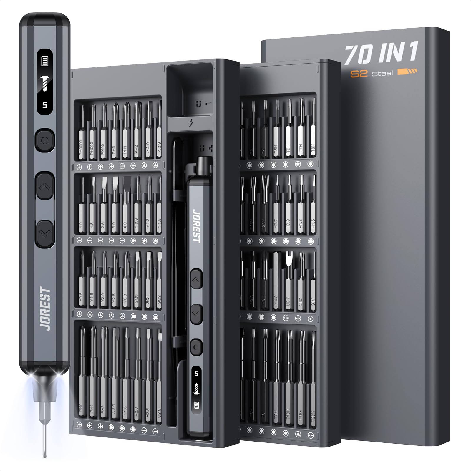JOREST 70 in 1 Set di mini avvitatori elettrici di precisione : 64 punte magnetiche S2, 5 impostazioni di coppia, kit di attrezzi per riparazioni di iPhone, iPad, MacBook, PS5, console di gioco