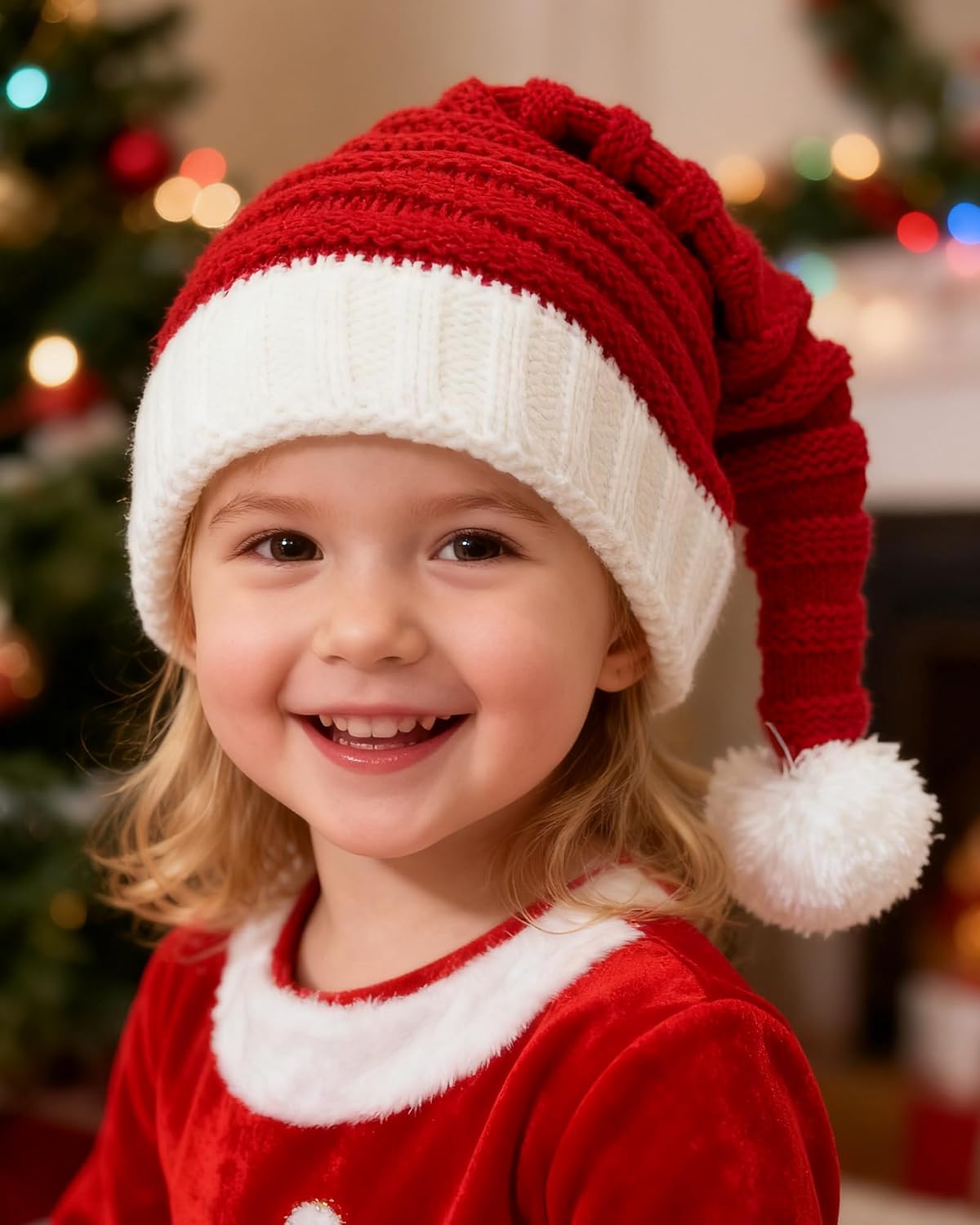 Baby Christmas Knit Santa Hat Kids Knitted Beanie Hat for Infant Toddle 0 to 5 Years Old Red