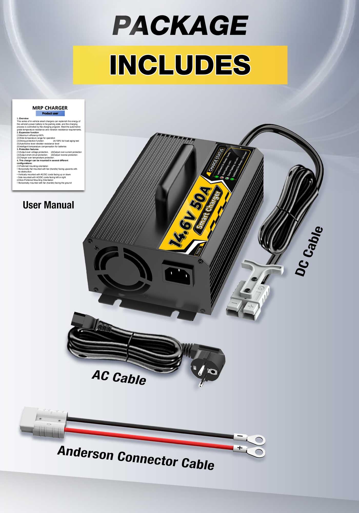 14,6V 50A Litio Cargador de Batería para 12V (12,8V) LiFePO4 Baterías, Diseño Compacto y Duradero con Protección Completa