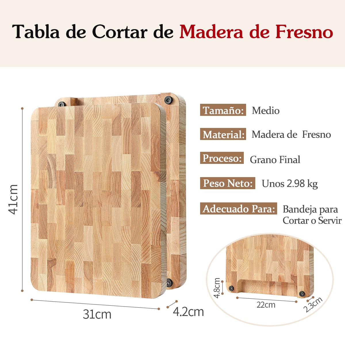 HEZHEN Tablas de Cortar de Madera de Fresno, Madera Bandeja para Servir De Grano Final, Tabla de Picar Tabla para Servir avec Mango Incorporada y Patas Antideslizantes, Espacio para Bandeja Colectora