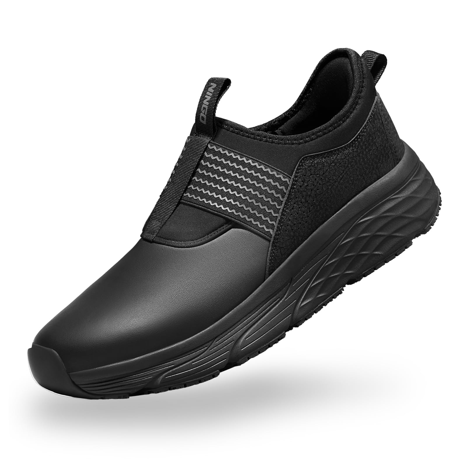 NINGO Non Slip Work Shoes for Men, Comfortable Water and Oil Resistant Chef Shoes, Breathable and Lightweight, Slip On Black Kitchen Shoes for Food