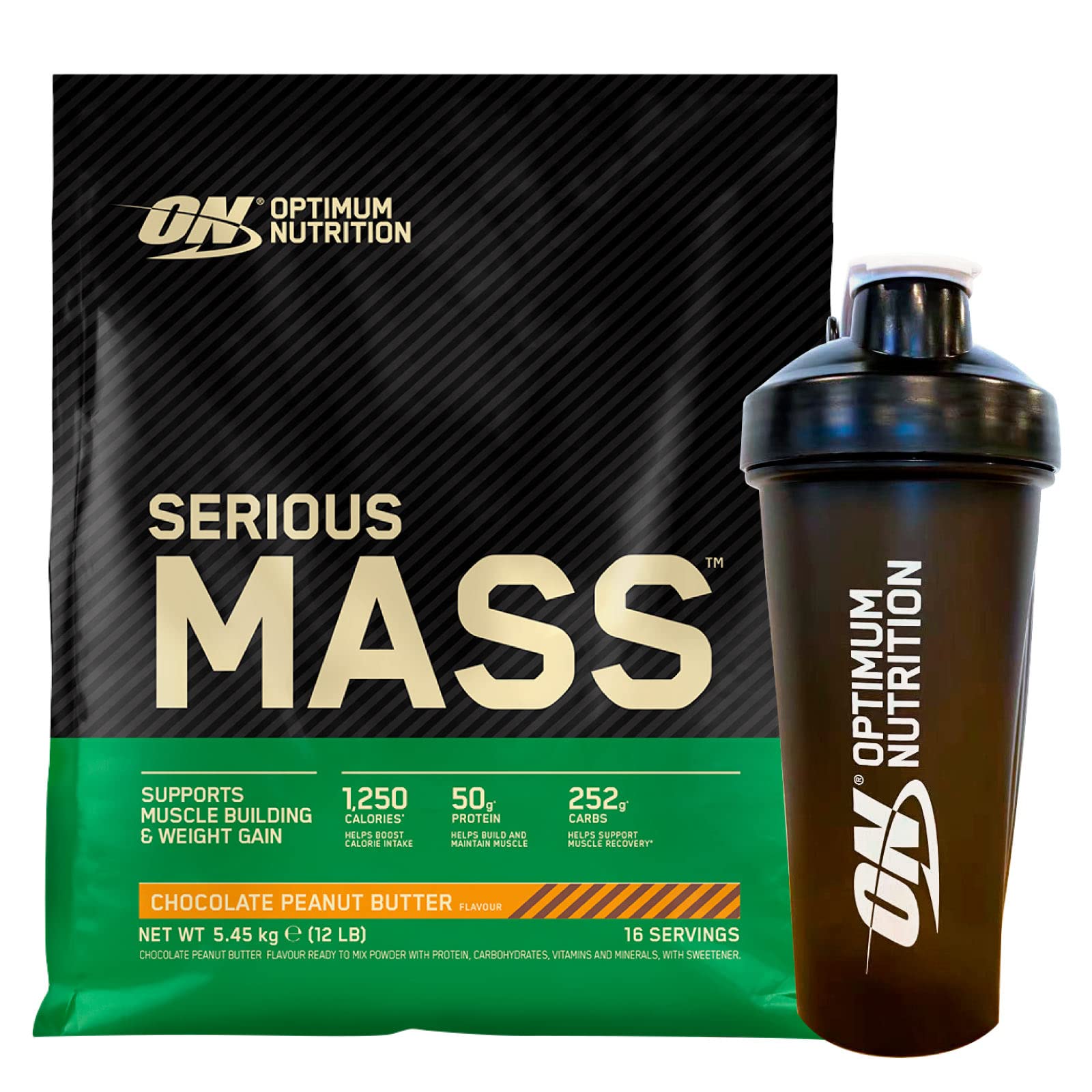 Optimum Nutrition Serious Mass Proteine Whey in Polvere Integratore Calorico per Sviluppo Muscolare e Aumento Massa Gusto Cioccolato e Burro di Arachidi 16 Porzioni 5,45Kg + Shaker