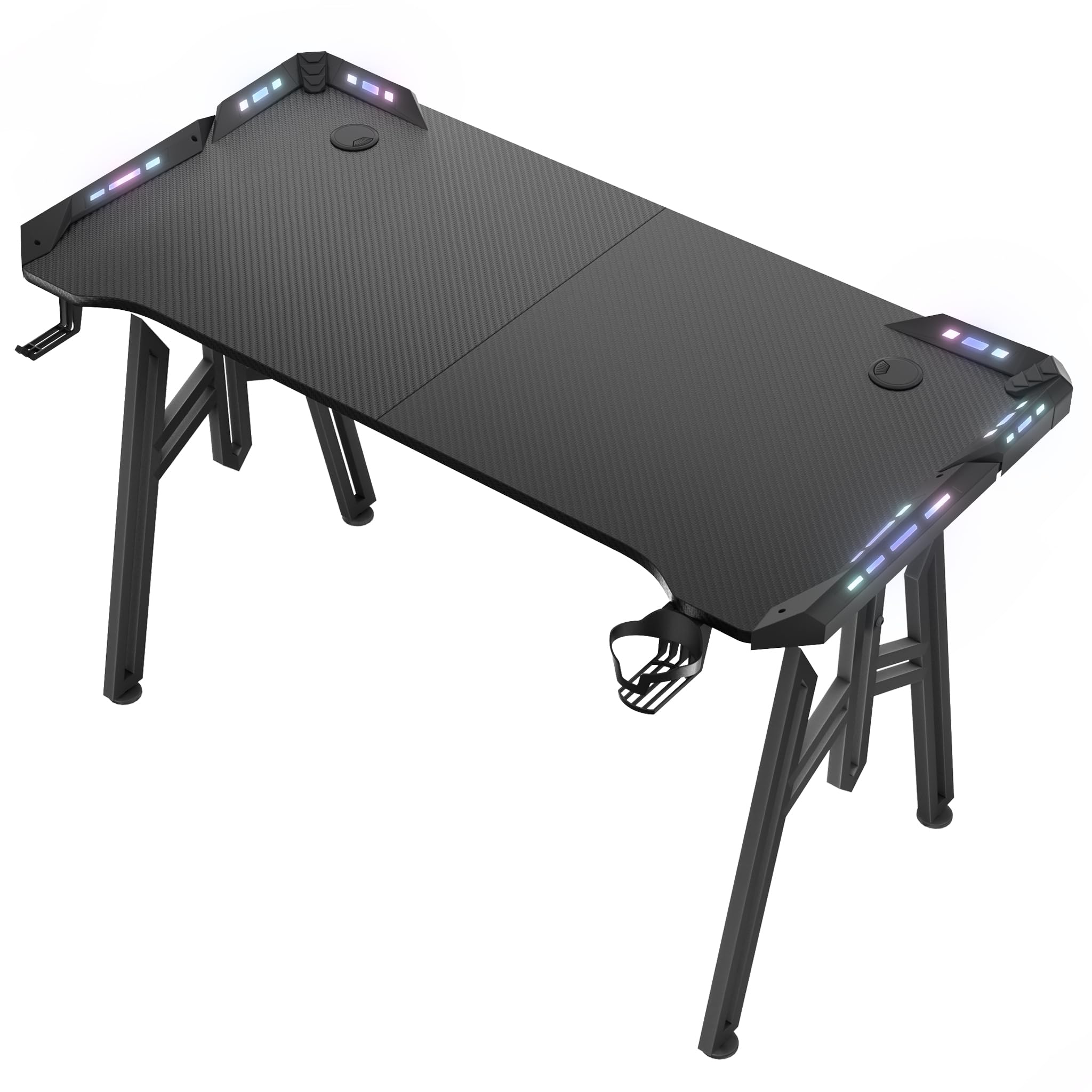 UISEBRT 160x60x73cm Mesa Gaming M-Frame con LED, Mesa de Ordenador con Portavasos y Gancho para Auriculares, Superficie de Fibra de Carbono, Mesa Gaming, Negro, Mesa Ergonómica Gamer para Dormitorio